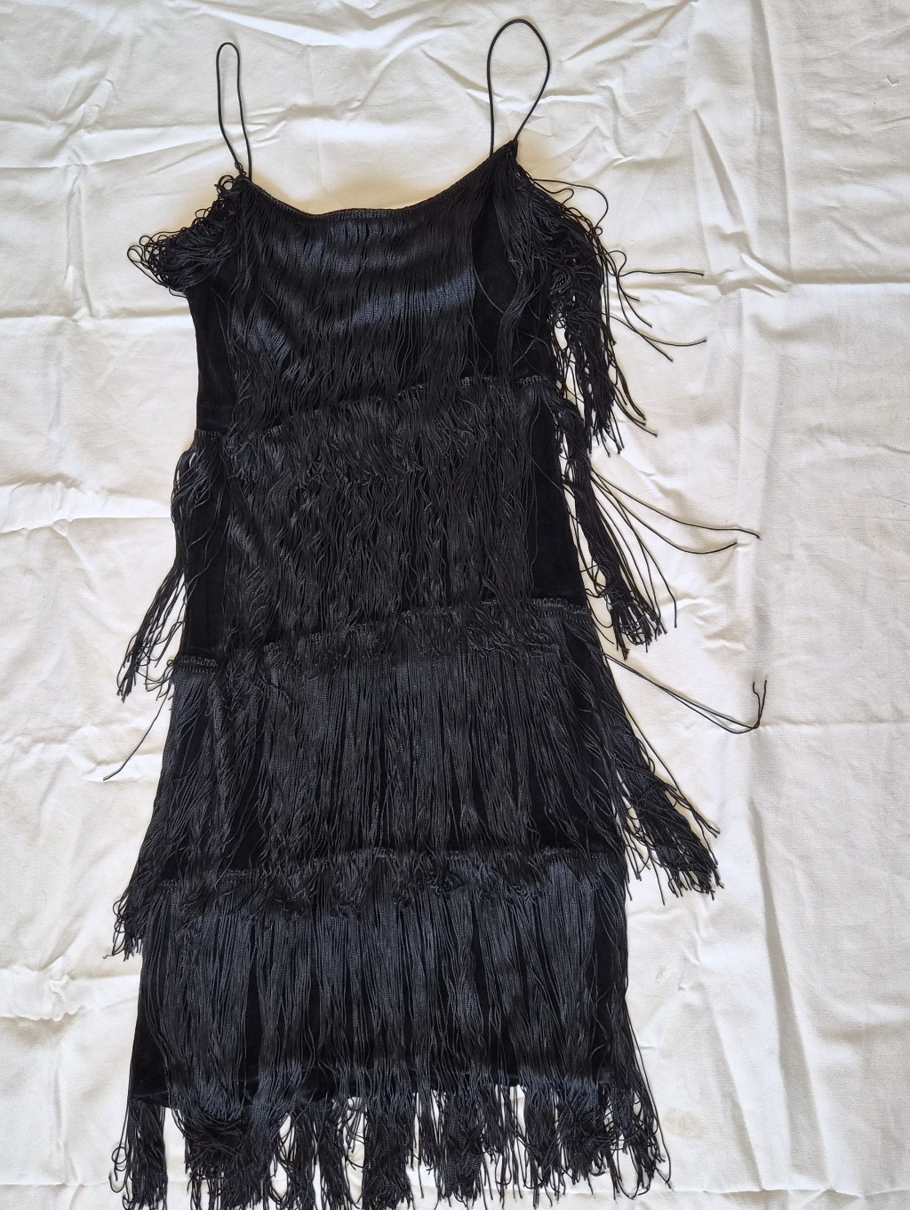 Vintage Black Fringe Slip Dress Velvet Flapper Dancing Spaghetti Strap